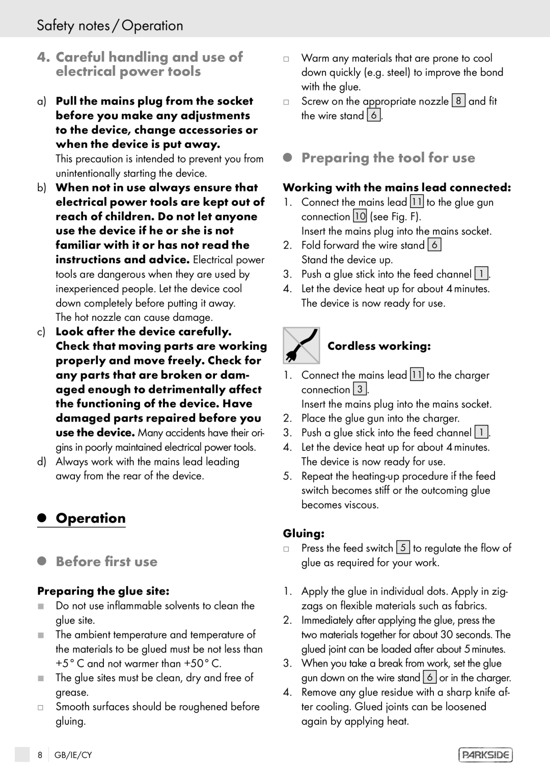 Kompernass PHKP 500 manual Safety notes / Operation, Careful handling and use of electrical power tools, Before first use 